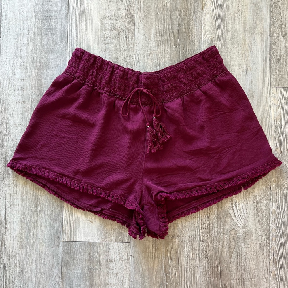 Juniors No Boundaries Pull On Shorts Fringe Hem Tassel Drawstring Maroon Red XL - Picture 7 of 8